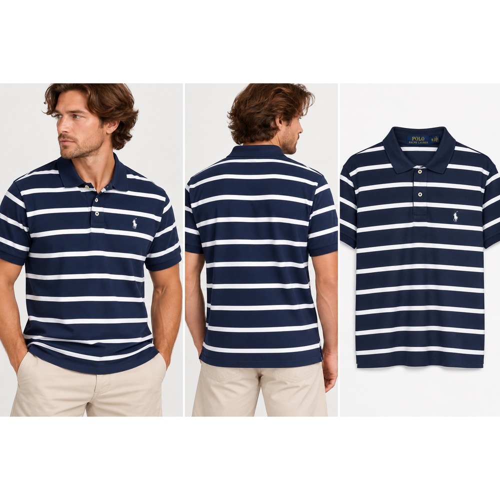 Polo Ralph Lauren Men's XL Navy White Striped Polo Shirt Pony Logo Short Sleeve